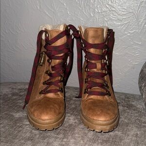 Women's Tan Suede Lace-Up Ankle Boots with Burgundy Accent Laces